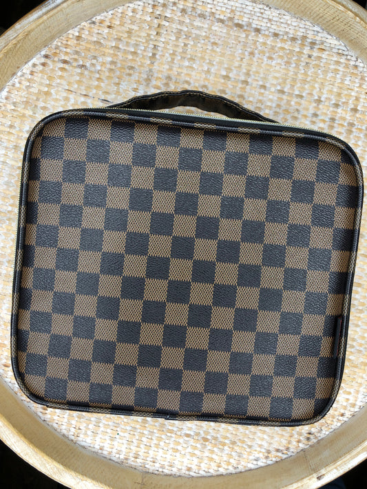 Brown Checkered Makeup Case